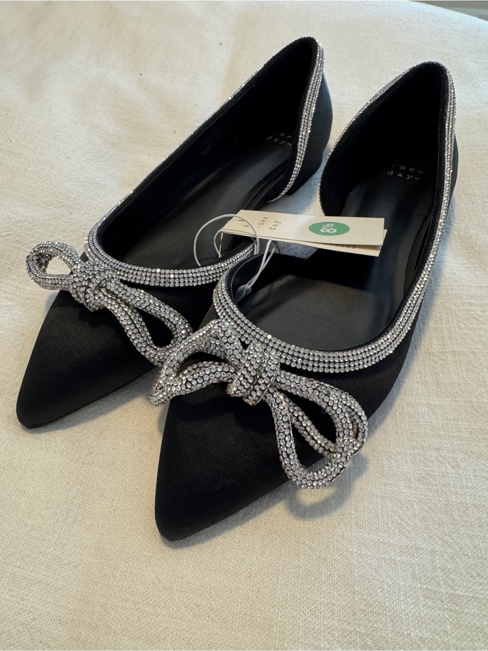 a new day Black Pointed Toe Flats with Crystal Bow Trim